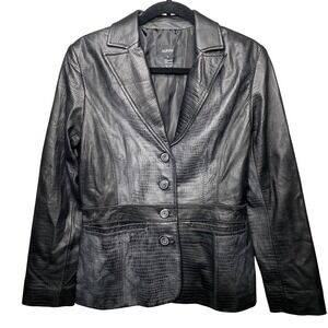 Alfani Womens Black Genuine Leather Crocodile Embossed Blazer Jacket Size M